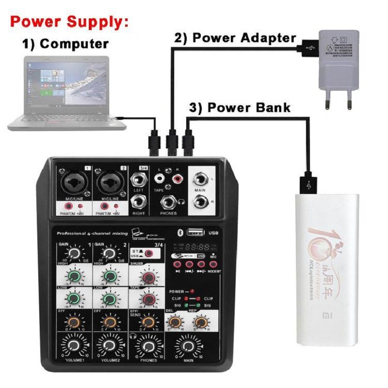 Mezclador de Audio inalámbrico con micrófono, consola de mezcla de sonido Portátil con Bluetooth, 4 canales, interfaz USB, DJ en casa, Karaoke, PC