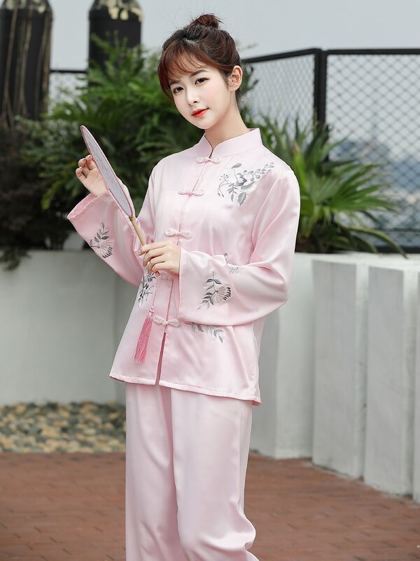 Oriental silk ethnic style suit spring and autumn classic embroidery girls stand-up collar Chinese disc button long-sleeved trou