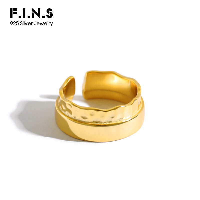 F.I.N.Sแท้ 925 แหวนเงินผู้หญิง 2020 ใหม่ไม่สม่ำเสมอเว้านูนเรียบกว้างแหวนนิ้วเครื่องประดับ