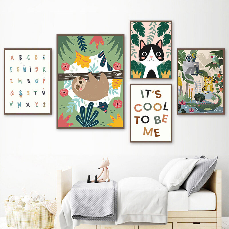 Koala Harimau Burung Monyet ABC Hewan Pembibitan Seni Dinding Lukisan Kanvas Poster Nordic dan Cetakan Gambar Dinding Anak-anak Dekorasi Kamar Bayi