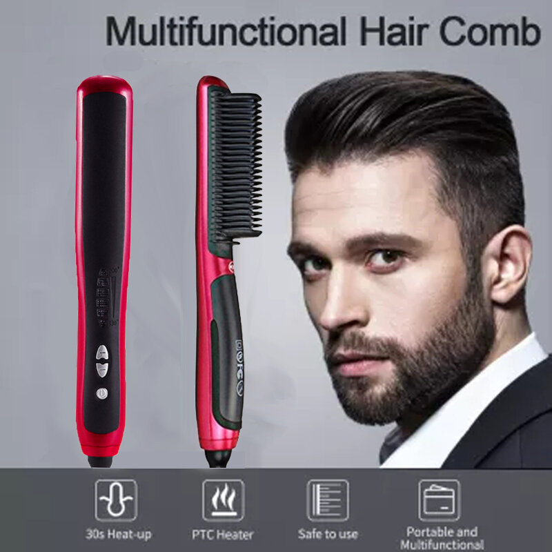Peine eléctrico para hombres, cepillo alisador de barba, herramienta de peinado multifuncional, peine rizador y alisador rápido