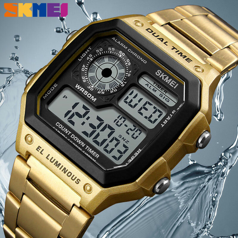 Skmei relógio digital de luxo para homens, relógio fashion criativo de aço inoxidável à prova d'água com pulseira para homens de negócios
