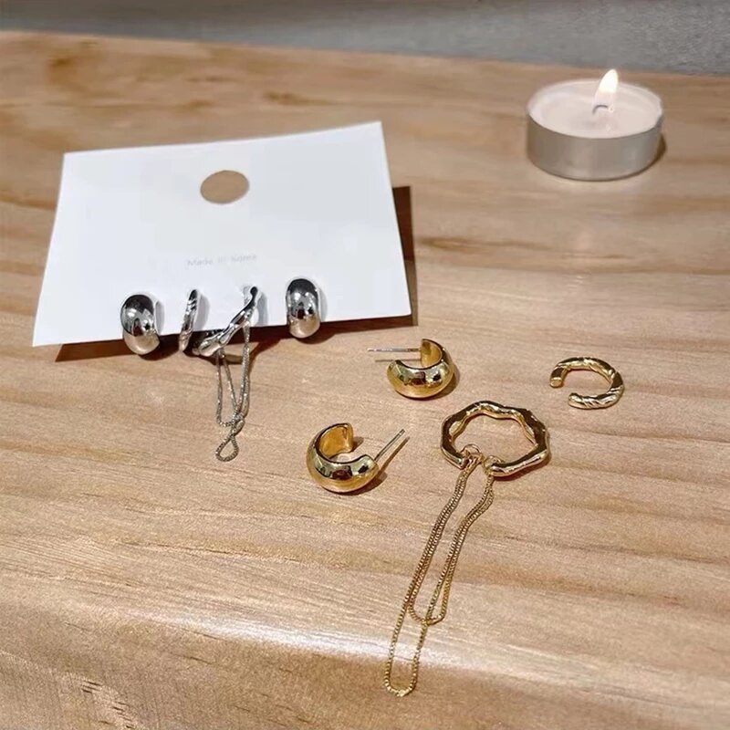 الكورية العصرية 4 قطعة/المجموعة جديد تصميم الذهب لون فضي معدني هندسية شرابة سلسلة أقراط مشبكية للنساء غير مثقوب الأذن