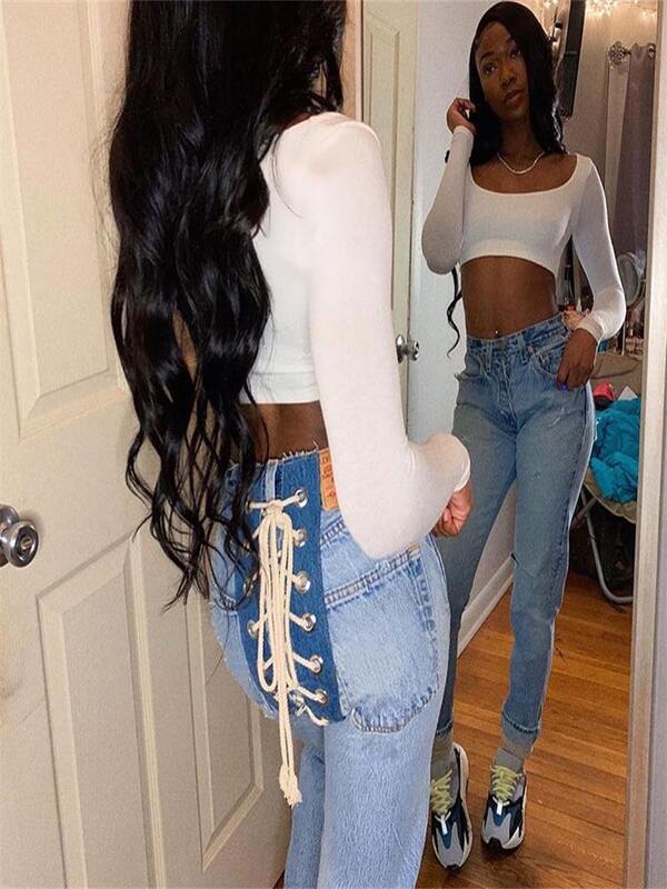 Venda quente jean outfits para as mulheres sexy alta elasticidade elástico magro voltar string ie jeans comprimento total lazer calças de brim