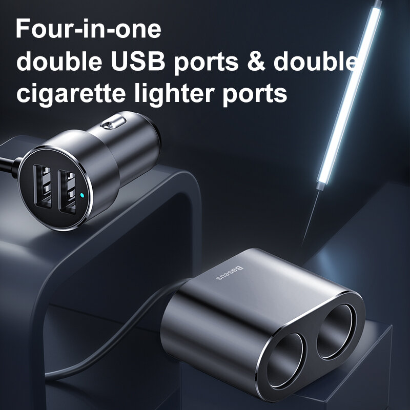 Baseus ไฟแช็ก Splitter 12V ที่ชาร์จแบตในรถ Dual USB 100W Power Adapter ซ็อกเก็ตสำหรับรถยนต์ Cigar Jack Splitter ในรถ