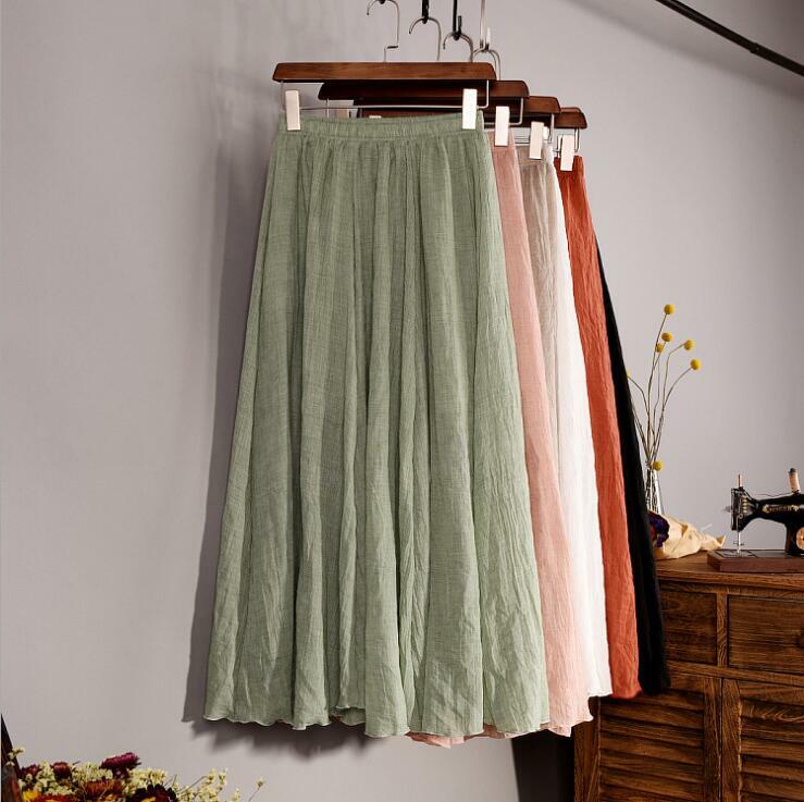 Юбка-макси Женская из хлопка и льна, винтажная однотонная пляжная юбка в стиле бохо, с эластичным поясом, модель QH1755 в стиле ретро