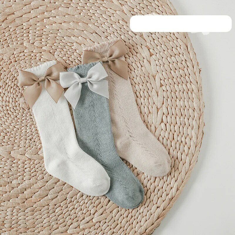 Calcetines largos y suaves hasta la rodilla para niña, medias de algodón con lazo, recién nacidos de 0 a 5 años