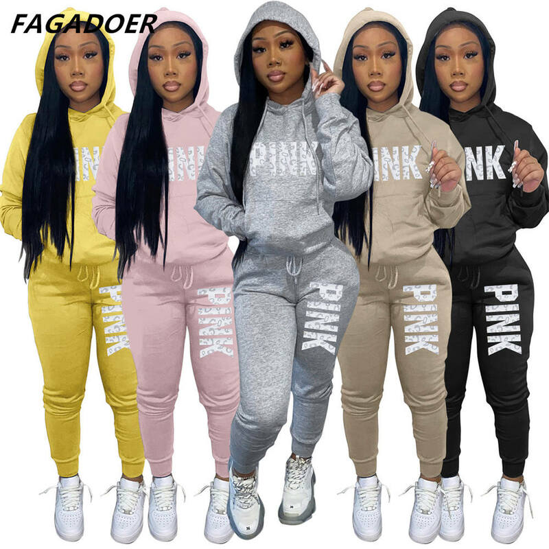 Fagadoer Tweedelige Set Vrouwen Hooded Trainingspakken Mode Roze Brief Luipaard Print Trainingspak Casual Vrouwelijke Outfits Streetwear 2021