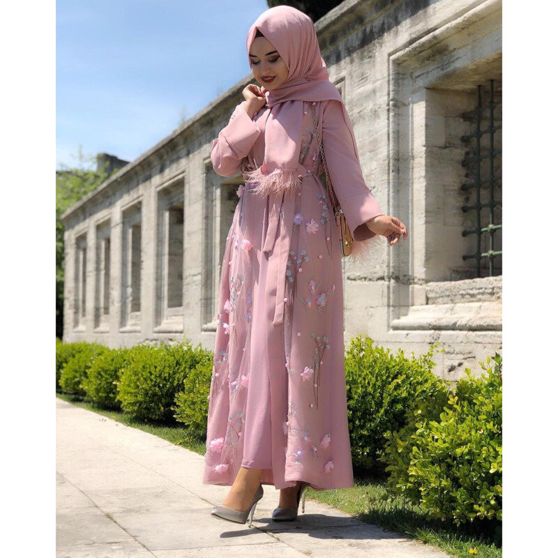 Kwiatowy Abaya Kimono muzułmanin muzułmanin kobieta Jilbab hidżab sukienka haft Abaya kaftan dubaj marokański islamski ubrania