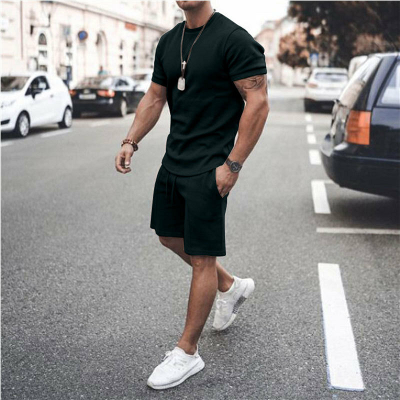 Terno esportivo masculino camiseta + shorts 2 peças terno de fitness esportiva em torno do pescoço ao ar livre respirável casual jogging roupas masculino