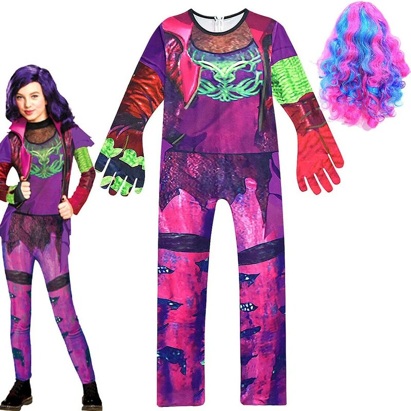 Costume de carnaval pour filles, violet, Audrey, Halloween, fête, perruque pour enfants adolescents, postiche 3 mauvais Costumes de Cosplay