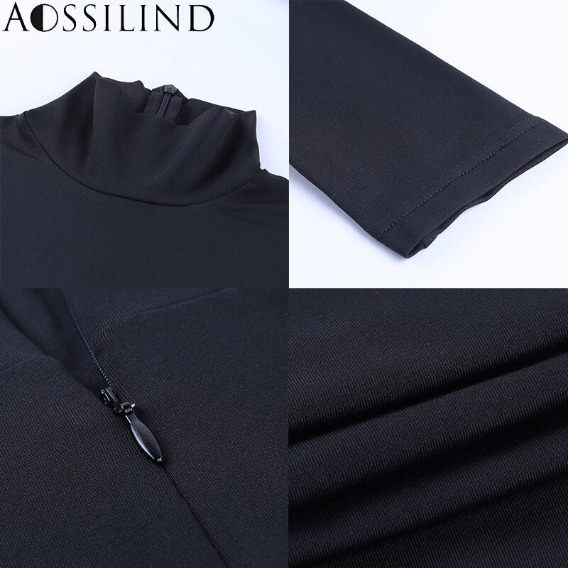 Aossilind macacão de gola alta preto, roupa casual skinny com manga comprida, zíper para treino feminino