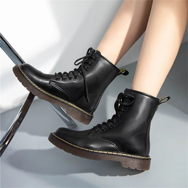 2021 Ankle Boots For Women Leather Chunky Lace Up Motorcycle Boots Flat Platform Short Boots Ladies Autumn Winter Shoes Female
