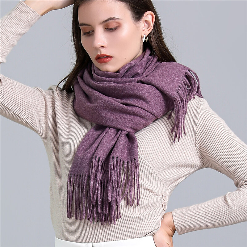 2022 однотонный толстый кашемировый шарф, Женский Большой зимний теплый шарф из пашмины 190*68 см, шарфы с кисточками