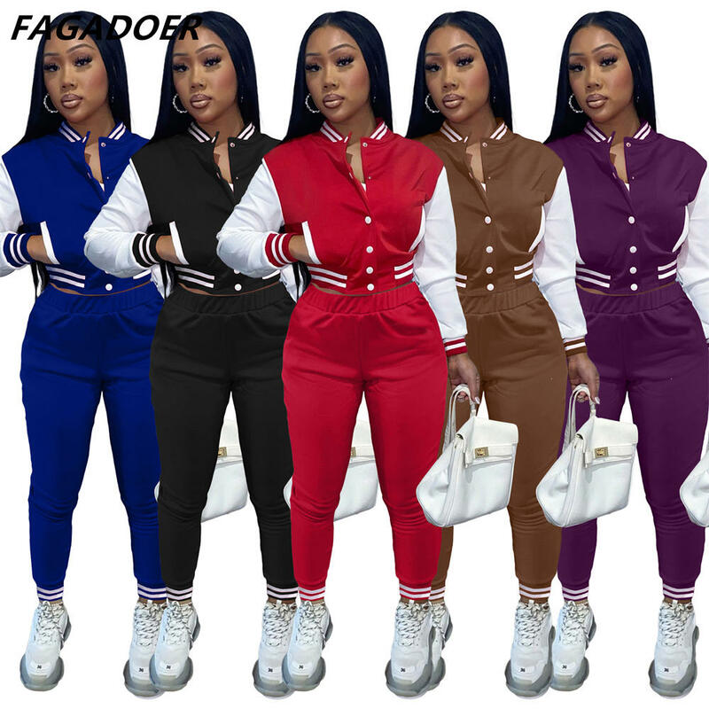 FAGADOER-conjunto deportivo de dos piezas para mujer, abrigo y pantalones de béisbol con botones, chándal a rayas, ropa de calle, 2021