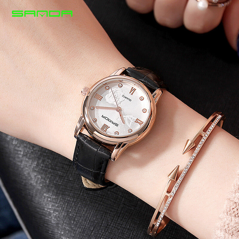 Sanda relógio de pulso feminino da moda, relógios de pulso com pulseira de couro simples e à prova d'água para mulheres, relógio de quartzo