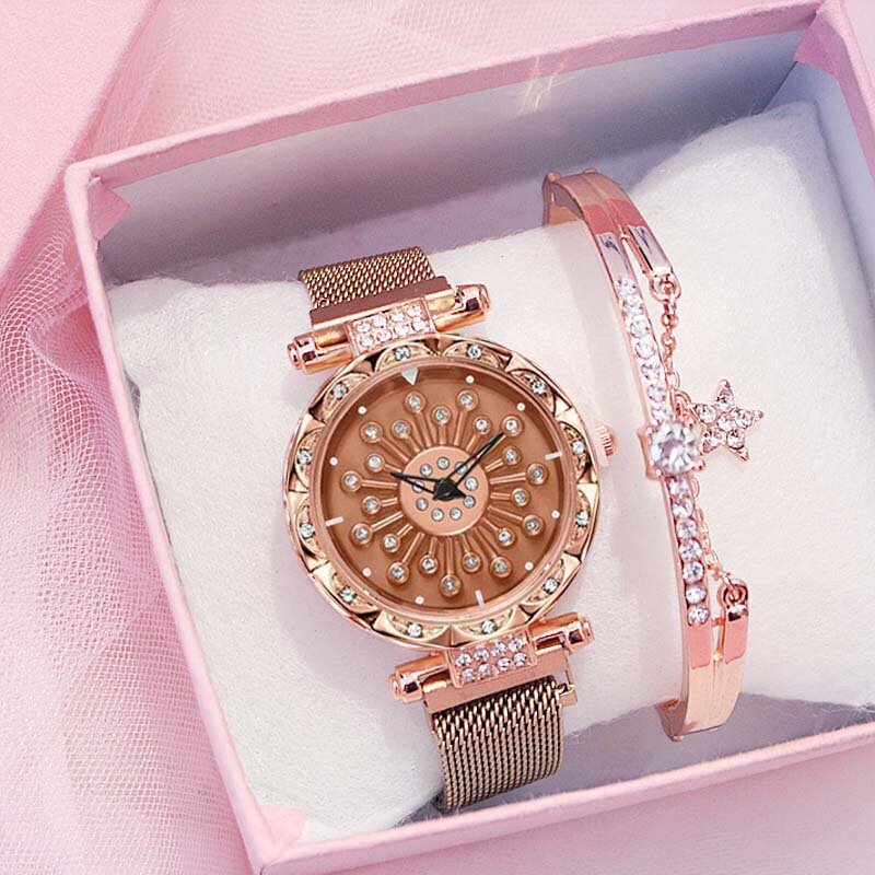 Relógio feminino visor céu estrelado, relógio ponteiro diamante casual quartz + pulseira relógio de pulso feminino zegarek damski