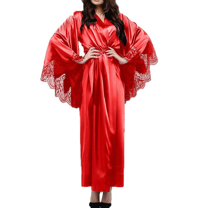 Camisola feminina renda cetim, robe longo lingerie sexy kimono, nova moda verão 2019