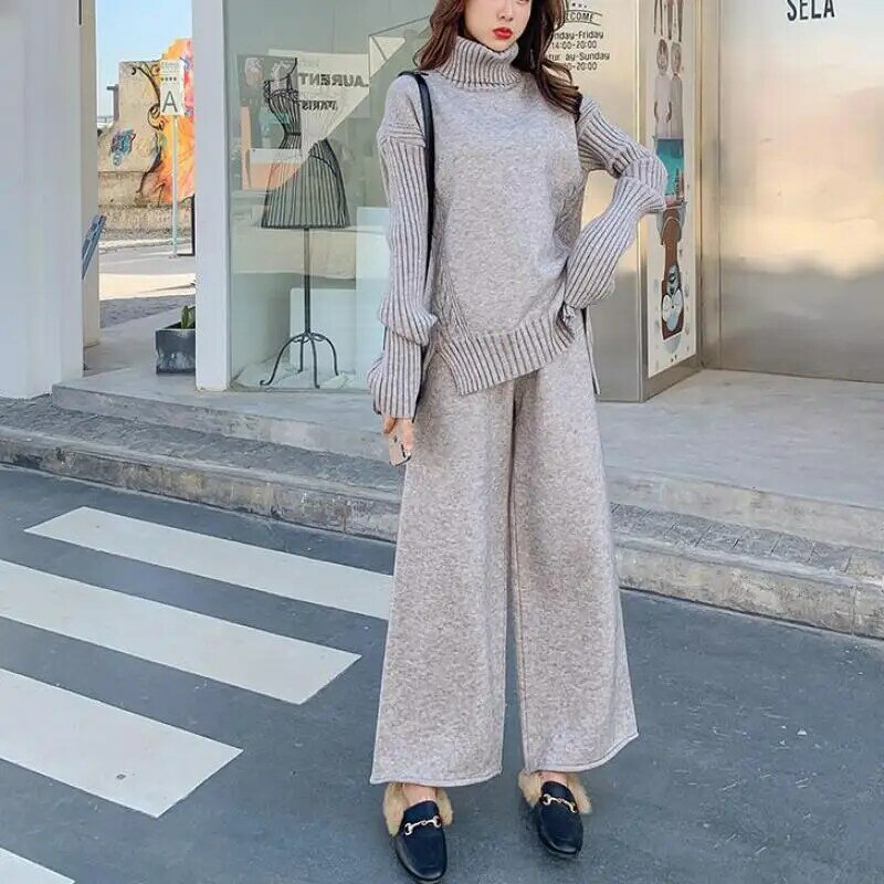 Genayooa – ensemble 2 pièces pour femme, pull à col roulé, chaud, tricoté, haut et pantalon, survêtement coréen, hiver 2020