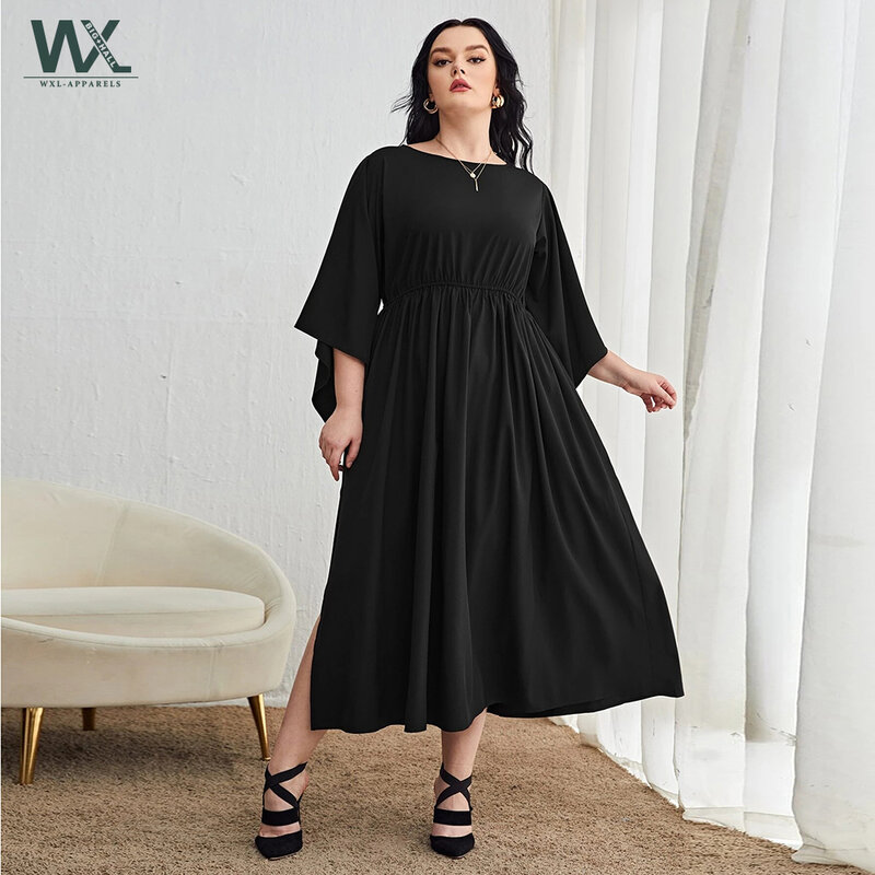 Wxl feminino plus size L-4XL preto senhoras manga longa babados bolso o pescoço camisa vestido 2021 primavera outono peça vestido de malha