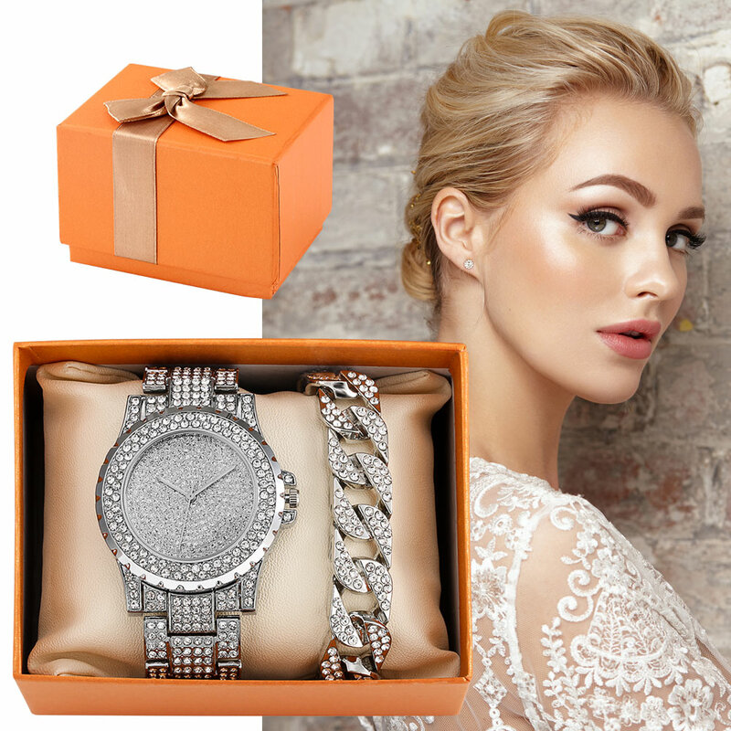 Reloj de lujo con diamantes para Mujer, conjunto de pulsera de cuarzo con banda de oro rosa, relojes femeninos elegantes, conjunto de 2 piezas