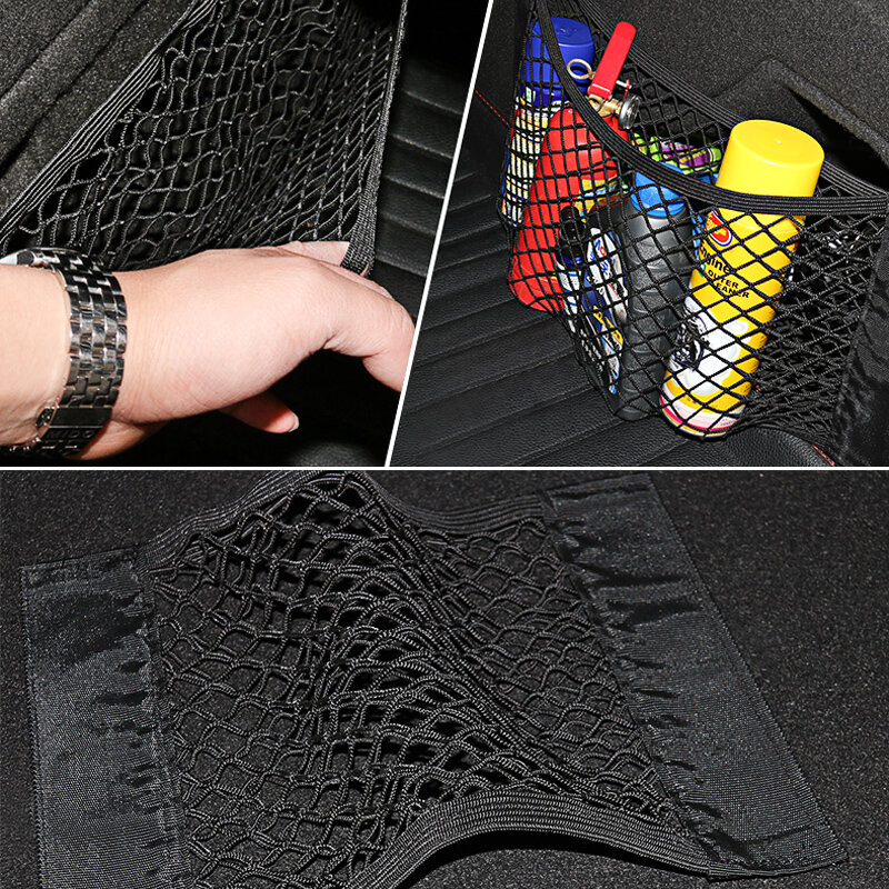 Bolsa de malla para asiento trasero de coche, bolsa de almacenamiento Universal, bolsillo de red elástica, con pegatina mágica, organizador automático