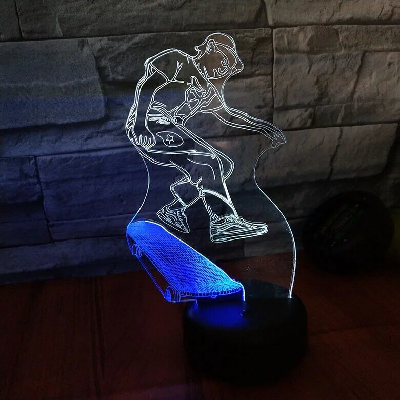 스케이트 보드 3D LED 아크릴 나이트 라이트 오피스 바 침실 장식 7 색 변경 환상 테이블 책상 램프 어린이 선물