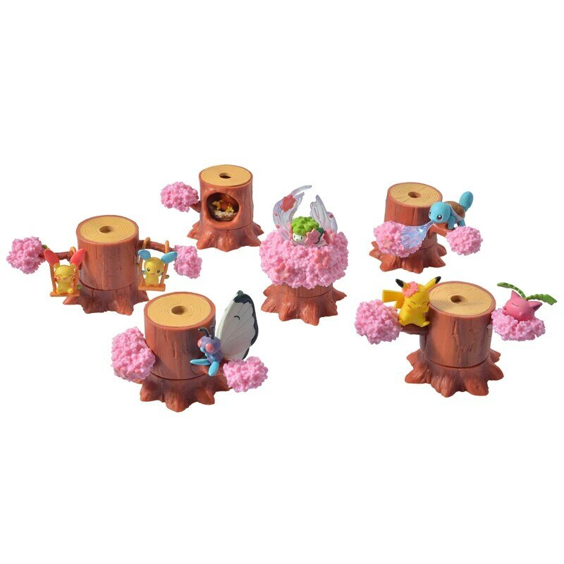 6 Pcs/Set Original Pokemon DIY Assembly Tree Stump Cute Elf Cherry Tree Model Decoration Action Figure Toys For Children's Gifts