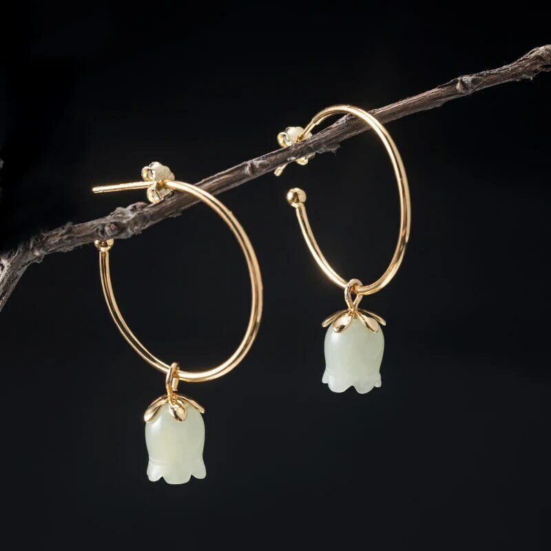 VLA 925 Sterling Silver Creative Fashion Design National Cymbidium Earrings Women's Nephrite Flower Earrings Jewelry