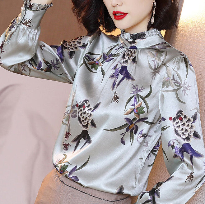 Printed shirt women's long-sleeved spring and autumn 2021 new style blouse retro slim shirt  plus size  women-blouses