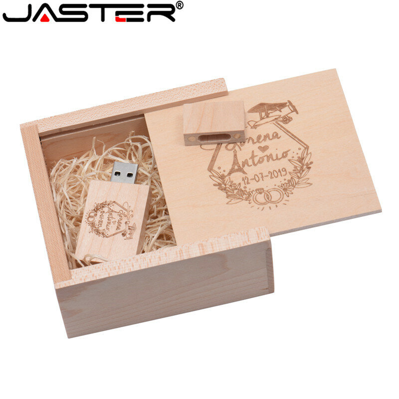 JASTER-memoria USB 2,0 de madera + caja usb flash drive, 4GB, 8GB, 16GB, 32GB, 64GB, regalos de boda, 10,5x10,5