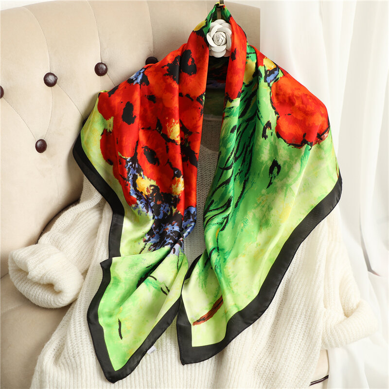 90*90cm Print Satin Silk Square Scarf Women Hijab Bandana 2021 New Fashion Floral Shawls Bag Wrap Headband Neckerchief Foulard