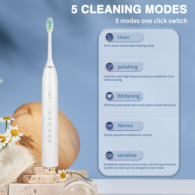 Boyakang sonic escova de dentes elétrica 5 modos limpeza lembrete inteligente ipx7 cerdas dupont à prova dwaterproof água carregamento usb