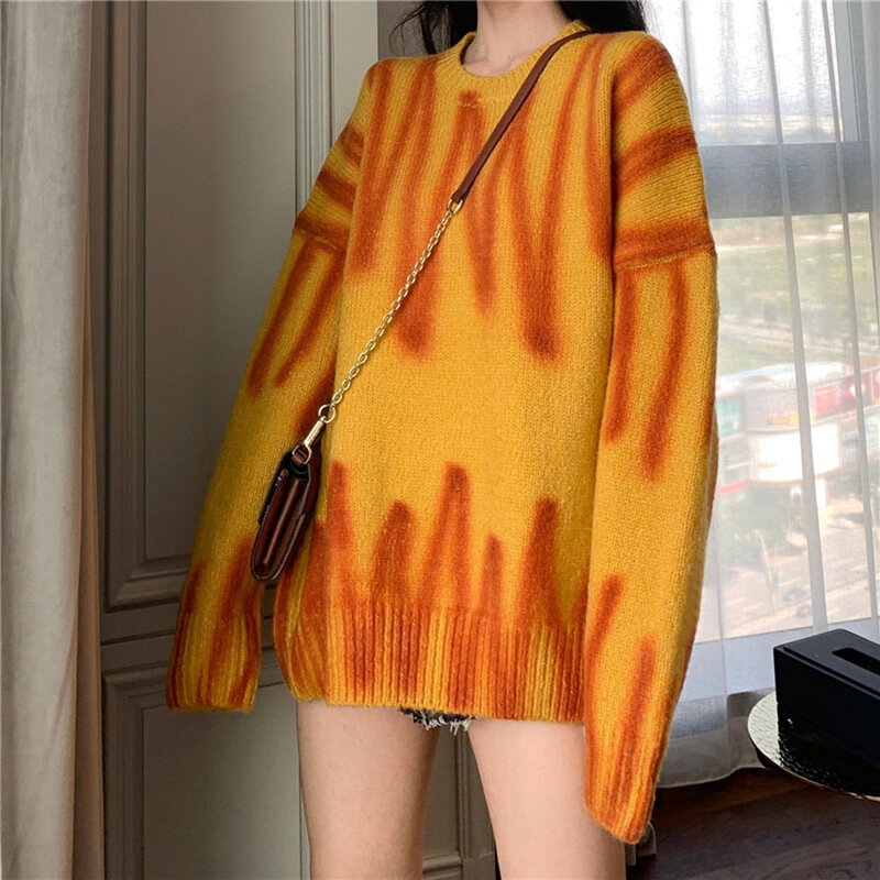 Sweter Rajutan Musim Gugur Wanita Pullover Mode Sederhana Kasual Gaya Komuter Cetak Abstrak Lengan Panjang Leher Bulat Atasan Longgar