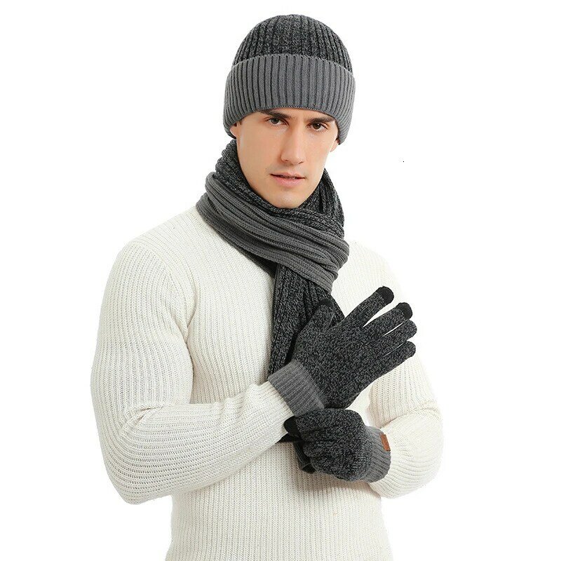 Touca de inverno masculina, quente, grossa, cachecol longo, antiderrapante, luvas para dirigir, conjunto de presentes para homens