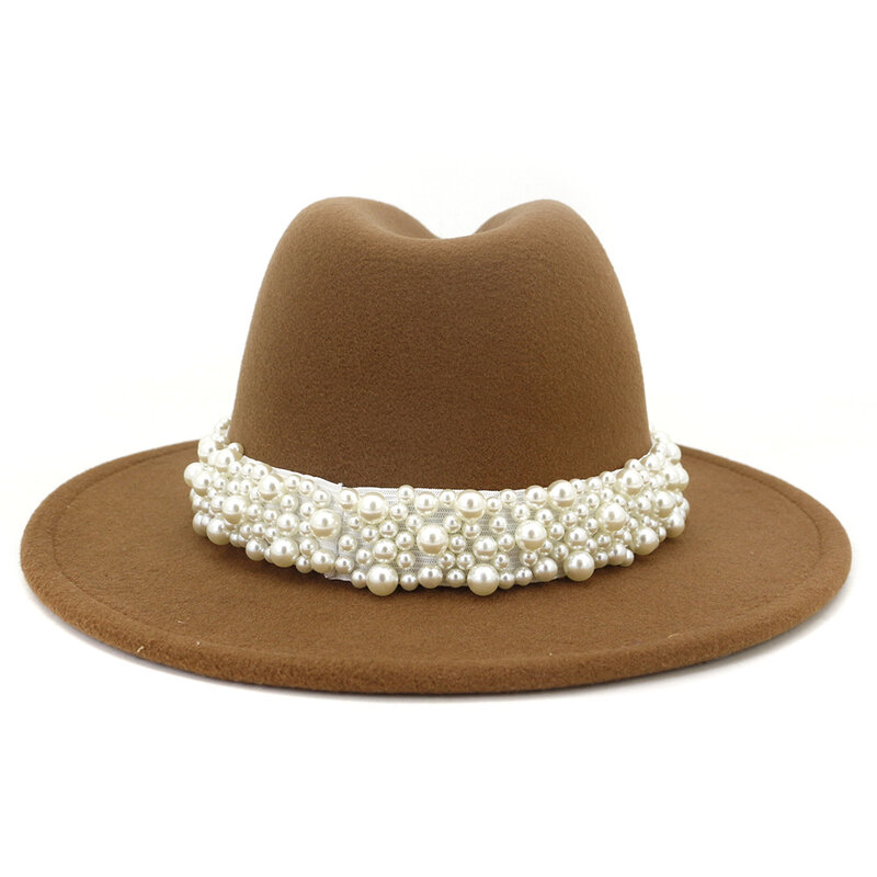 QBHAT-Sombrero de fieltro de imitación de lana de ala ancha para mujer, sombrero de Fedora de imitación de lana, fiesta de Iglesia, vestido femenino, decoración de cinta de perlas, blanco, 2020
