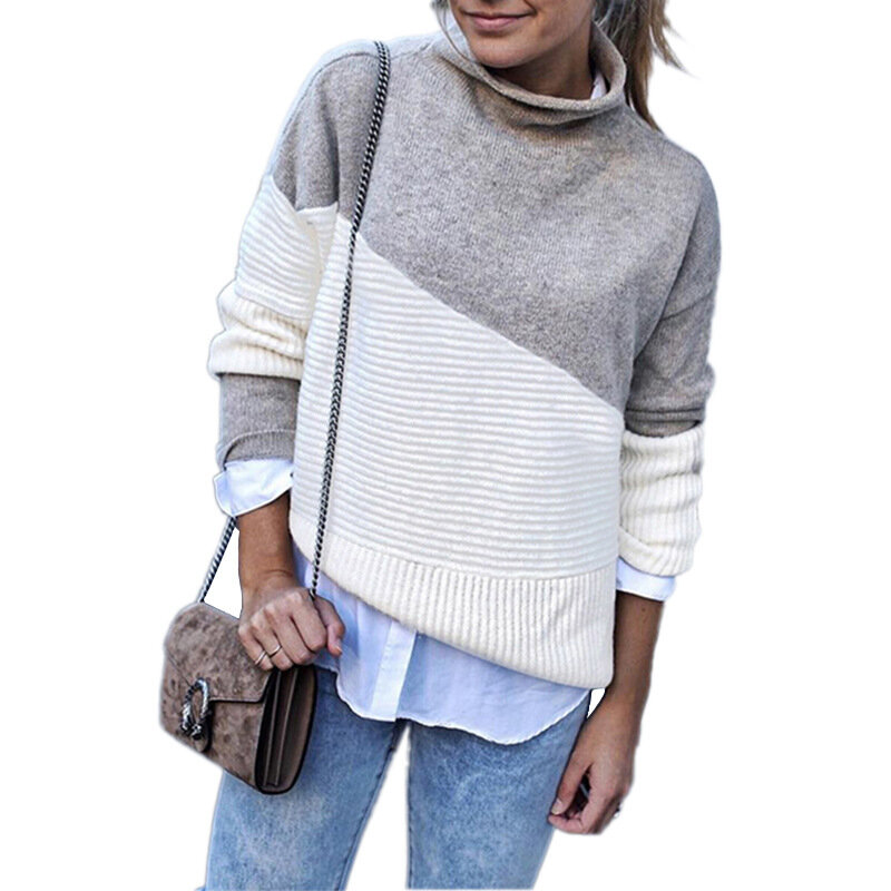 Nowa, jesienna/zimowa damska swobodny sweter nieregularny sweter z golfem Patchwork kontrastowy sweter moda En *