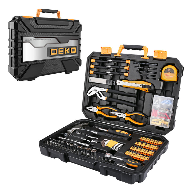 DEKO-Juego de herramientas de reparación de automóviles profesional, llave de trinquete automático, destornillador, Kit de herramientas para mecánicos con caja de moldeado por soplado, 196 Uds.