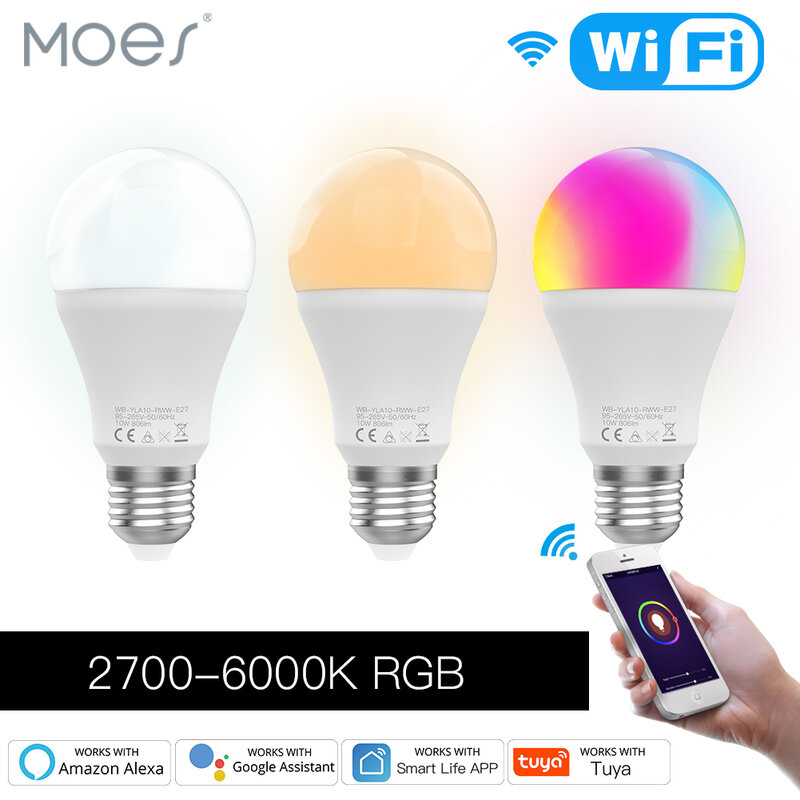 Moes-インテリジェントled電球,wifi,調光可能,10w,rgb,c w,smart lifeアプリケーション,リズムコントロール,alexa googlehome e27,95-265v
