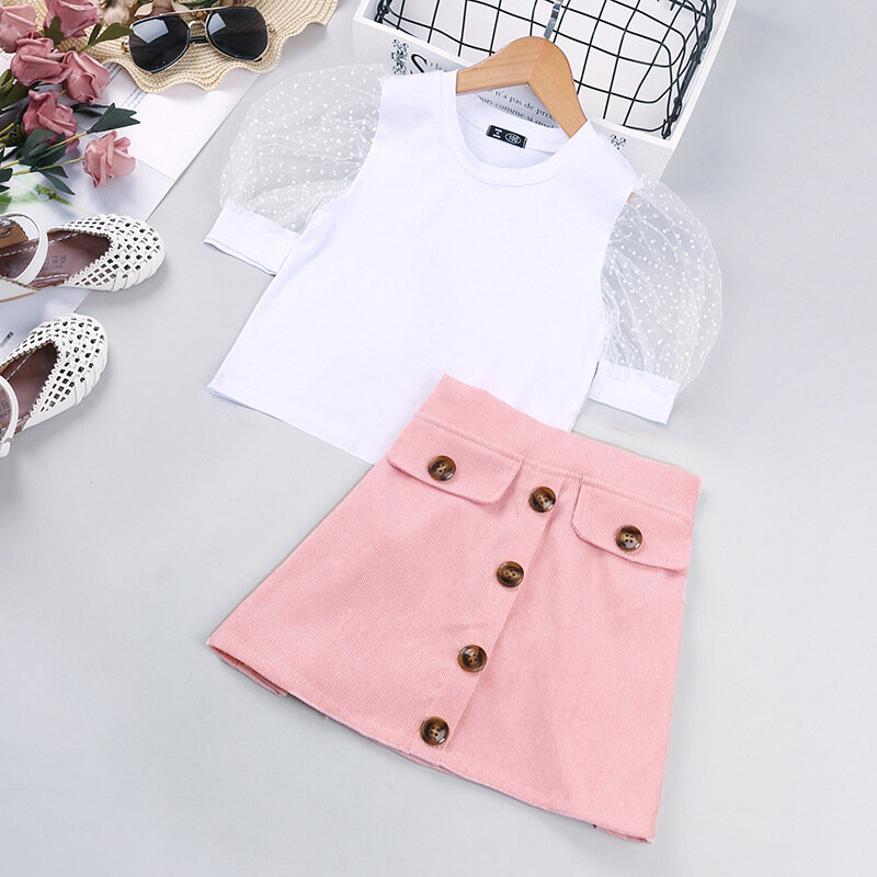 Meisjes Effen Kleur Lange Mouwen Blouse + Knop Open Pocket Lederen Rok Twee Stuk Vrouwelijke Peuter Vallen Kleren 2021 Outfits