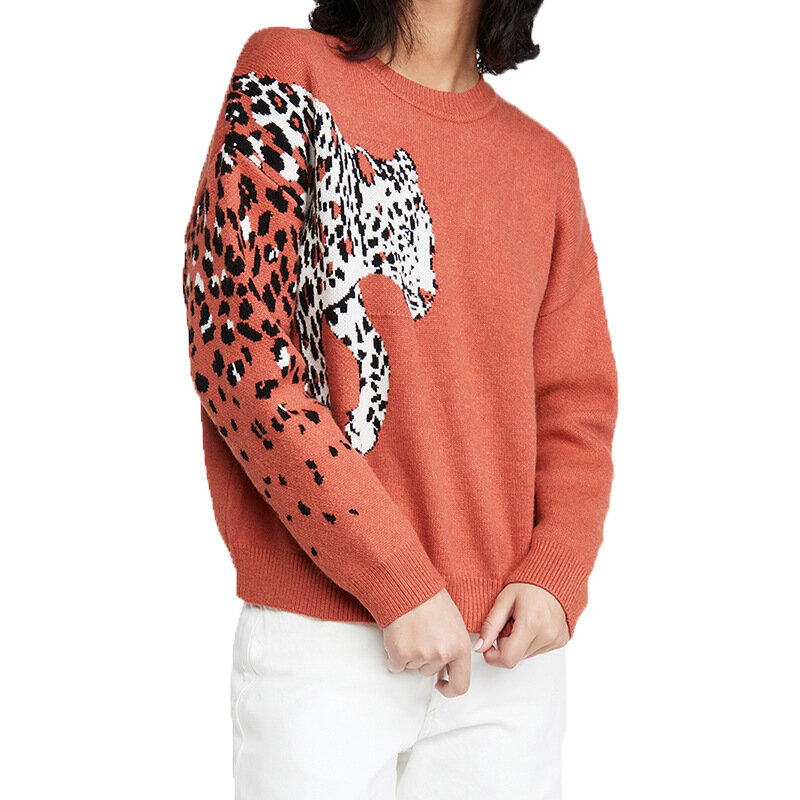Suéter estampado de malha feminino, pulôver grande com cabeça de leopardo folgado para inverno