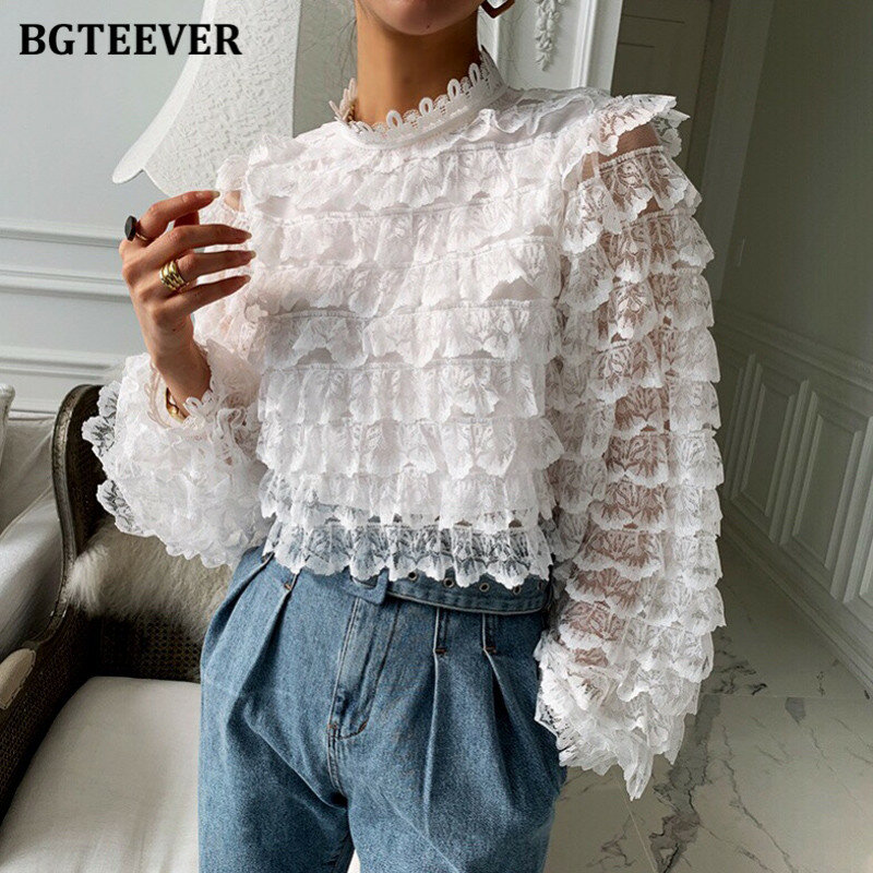 BGTEEVER Stylish Stand Collar Lace Shirts Tops for Women Summer Full Sleeve Loose Female Blouses 2021 Ladies Cascading Blusas