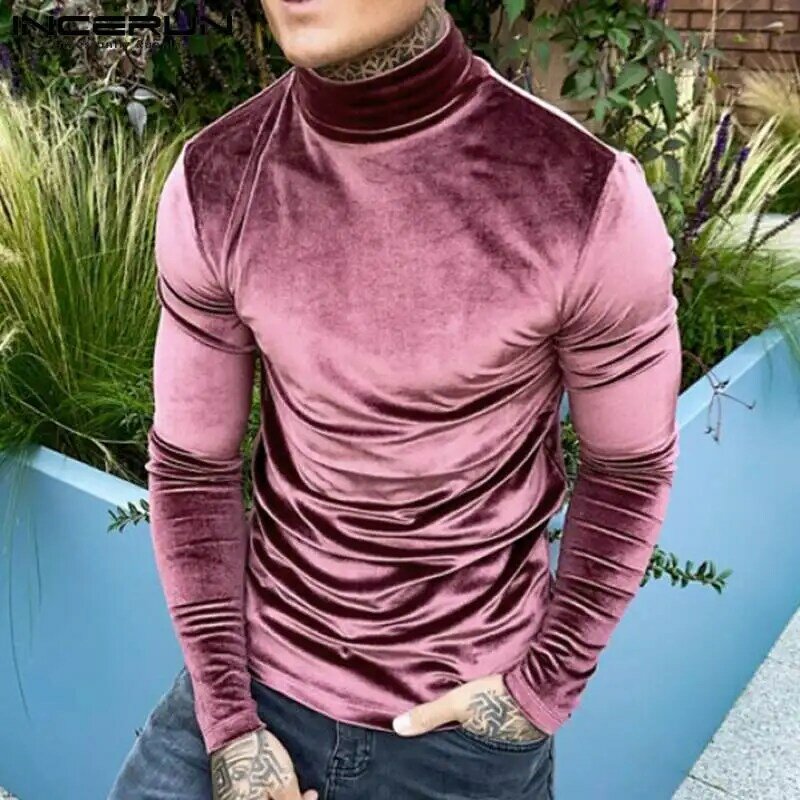 INCERUN Men's 2021 Long Sleeve Sweater Tees Turtle Neck Casual  Solid Comfortable Bottoming Shirt All-match Pullover Tops S-5XL
