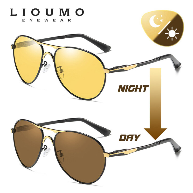 Lioomo Kacamata Hitam Pilot Kualitas Terbaik Kacamata Fotochromic Terpolarisasi Pria Kacamata Penglihatan Siang Malam Wanita UV400 Gafas De Sol Hombre