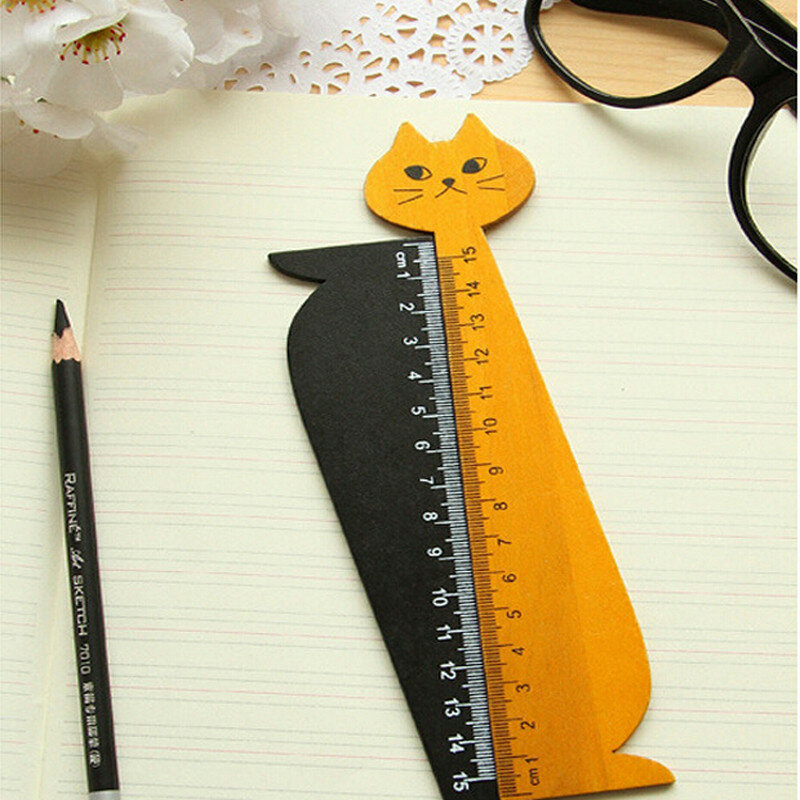 Régua em forma de gato de 15cm, régua reta de madeira fofa de animal, presentes para crianças, aprendizagem escolar, material de papelaria, preto e amarelo