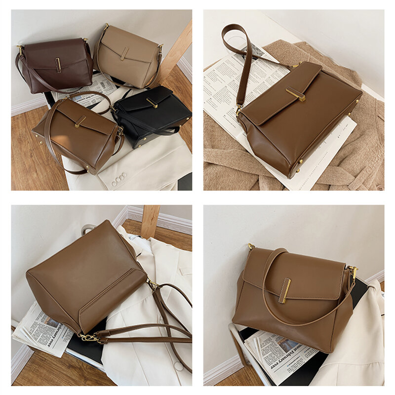 Fashion Solid Color Soft Waterproof Leather Large Capacity Tote Bags for Women 2021 Casual Crossbody Bags Concise Shoulder Bags