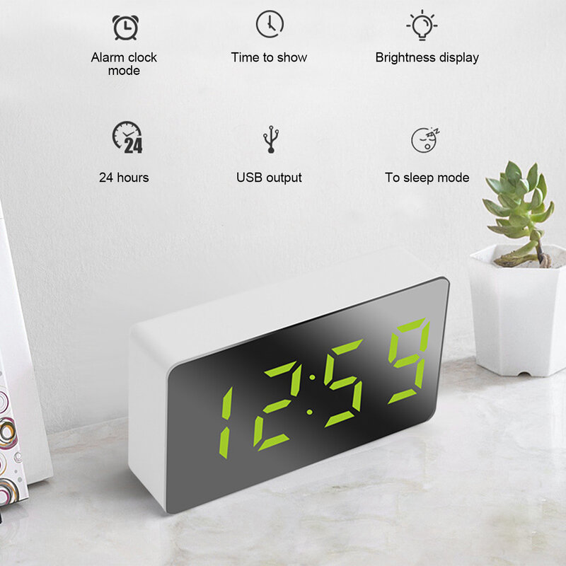 LED Mirror Digital Clock Alarm Clock Snooze Table Clock Wake Up Mute Calendar Dimmable Electronic Desktop Clocks Home Decoration