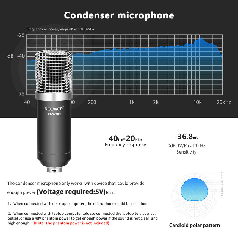 Kit microfone condensador para estúdio, profissional, com suporte, para pc, karaokê, youtube, transmissão