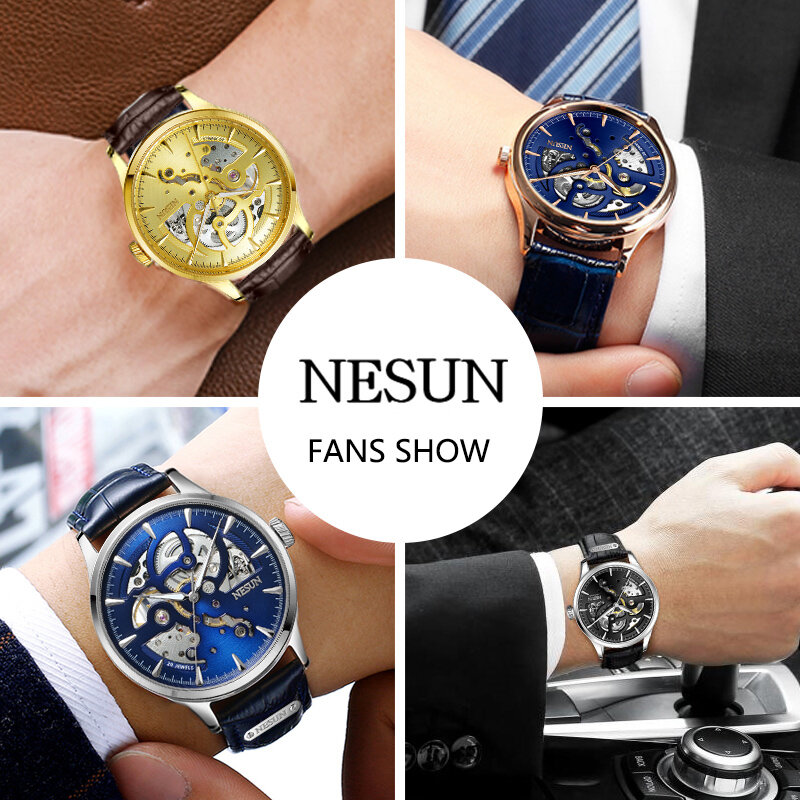 NESUN mężczyźni oglądać szwajcaria luksusowej marki męska oryginalny zegar Auto zegarek mechaniczny prawdziwej skóry Relogio Masculino 2020