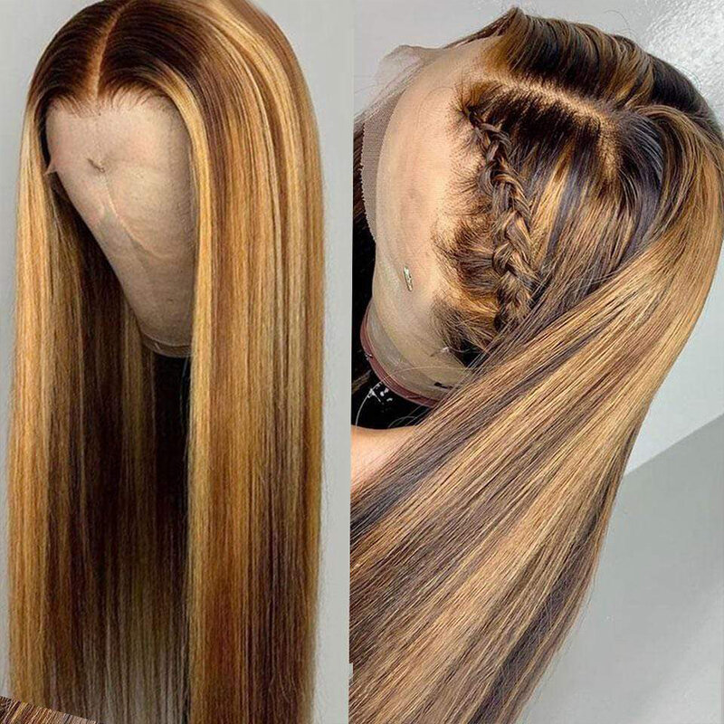 Peluca de cabello humano liso con malla Frontal para mujer, postizo de encaje Frontal 13x4, color rubio miel, brasileño, virgen, 360
